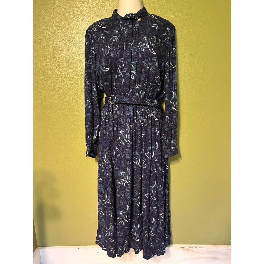 Modest Vtg 90s Leslie Fay Blue Paisley Belted Maxi Shirtdress Cottagecore 18